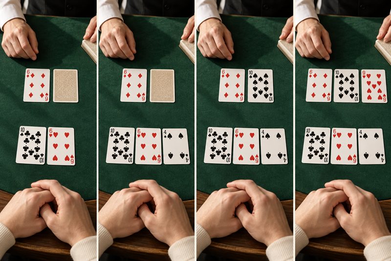 21 點一局的四格實拍:開局、玩家補牌、莊家翻暗牌、莊家補牌