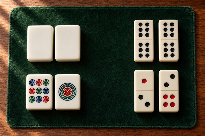 推筒子與牌九實拍:筒子麻將牌與骨牌兩兩一組排在桌上