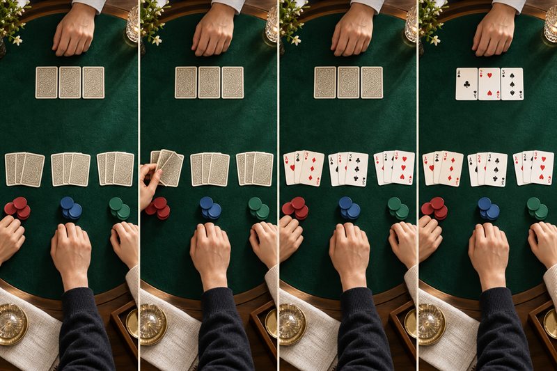 三公一局的四格實拍:發三張、掀角看牌、閒家開牌、莊家開牌